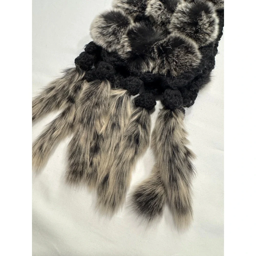 Genuine Rex Rabbit Fur Pom Pom Scarf Tail Fringe OS Black Gray Exc‎
